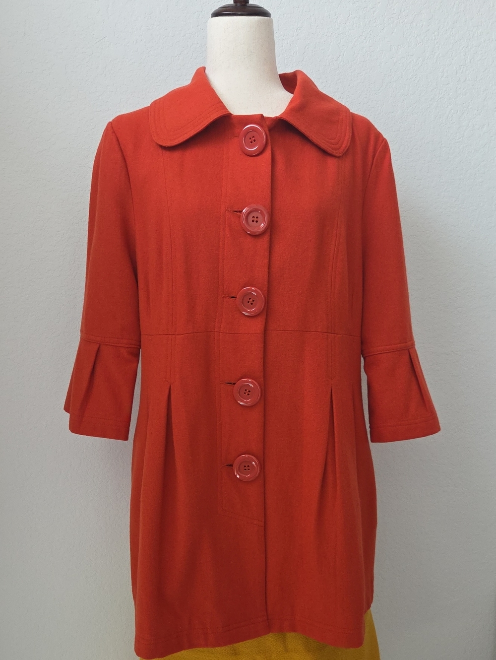 Luii Retro Mod Funky Orange Dress Coat Oversized Buttons Long 50% Wool Ruffle